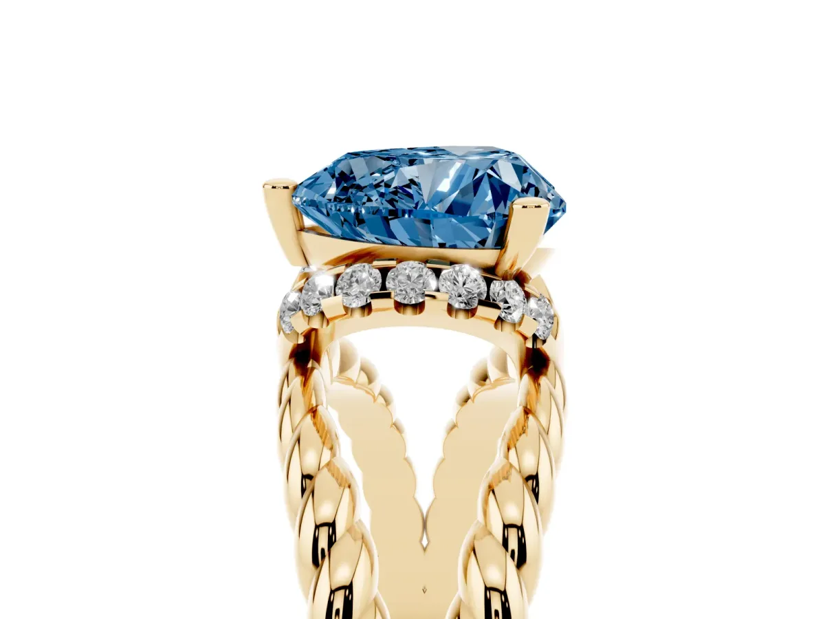 Fancy Blue Heart Cut Halo Twisted Band Four-Prong Ring Yellow gold
