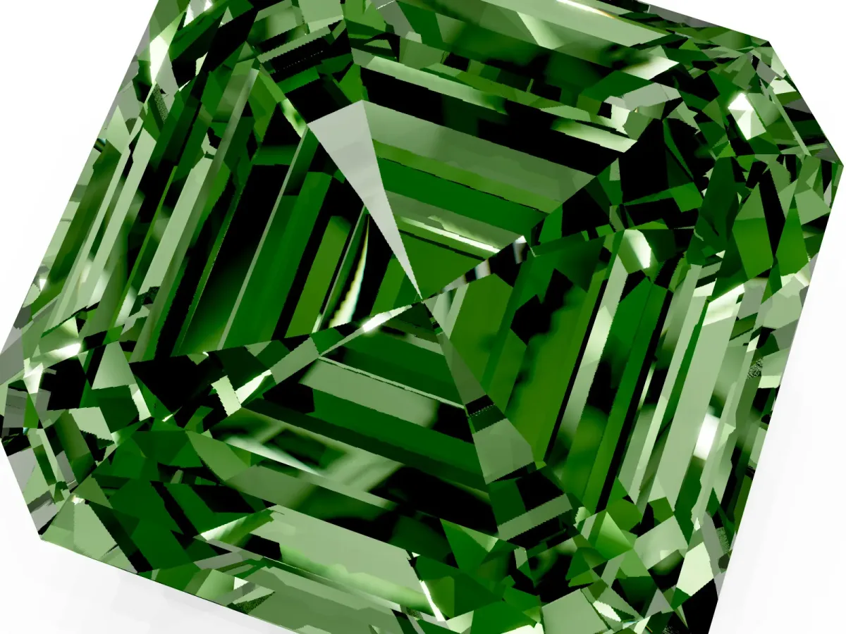 Fancy Green Asscher Cut Halo Diamond Ring with Milgrain Edge and Round Prong Setting Yellow gold