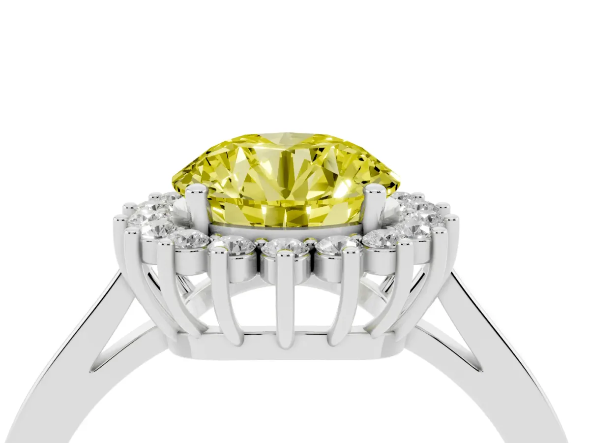 Fancy Yellow Round Cut Cut Diamond Halo Ring with Round Brilliant Halo and Solitaire Band Silver