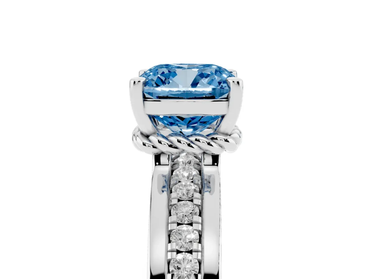Fancy Blue Cushion Cut Solitaire Diamond Ring with Channel Set Band and Six-Prong Setting Platinum