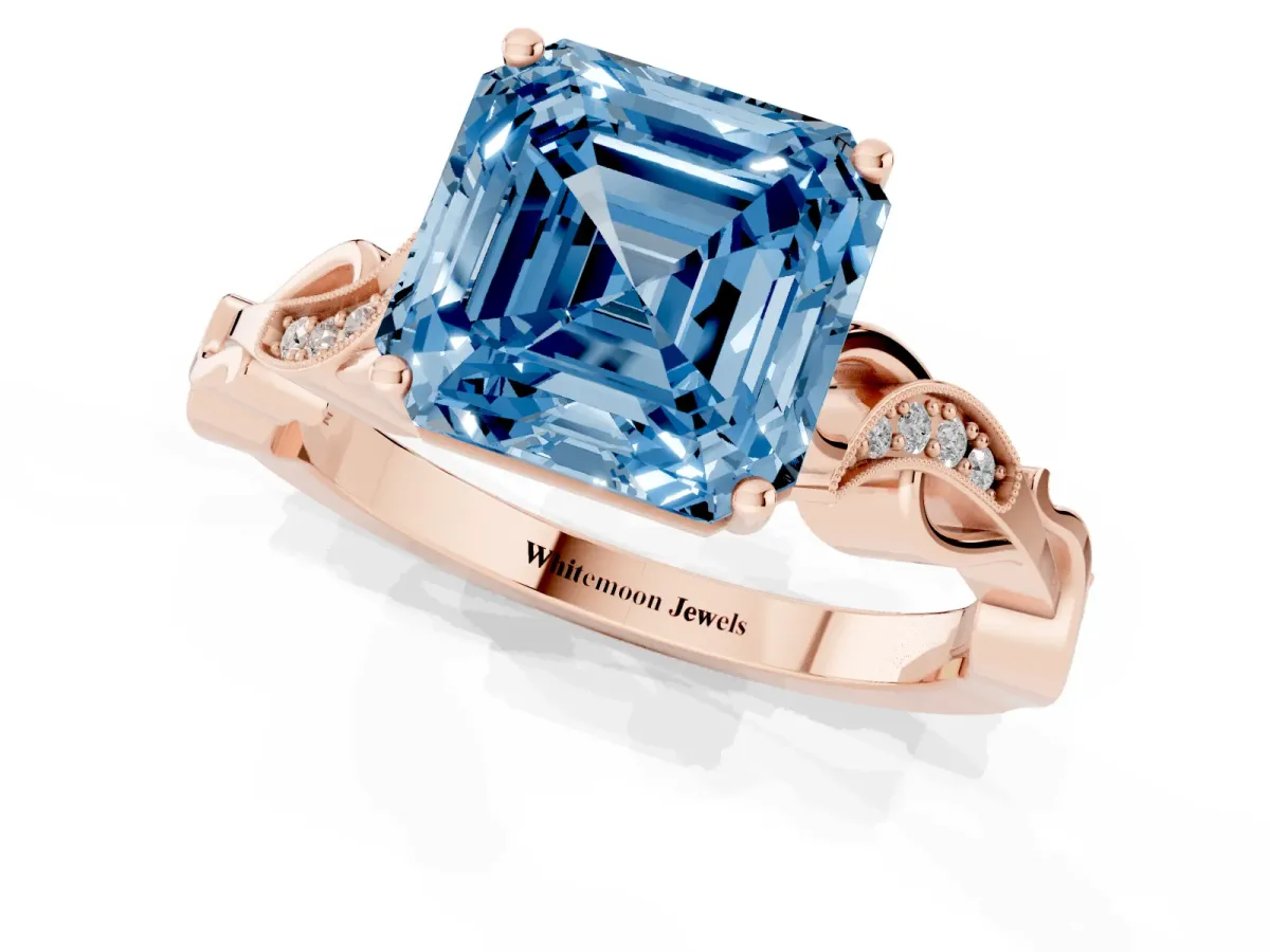 Fancy Blue Asscher Cut Solitaire Vine Band with Milgrain Prong Setting Rose gold