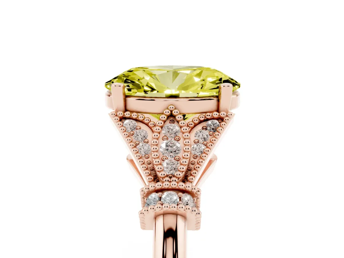 Fancy Yellow Oval Cut Diamond Solitaire Ring with Floral Filigree and Pave Accents Rose gold