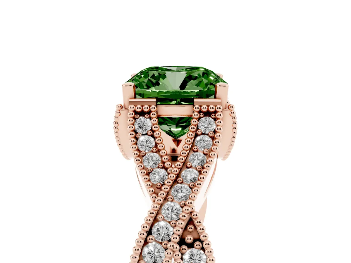 Fancy Green Cushion Cut Cut Diamond Twisted Band with Milgrain Pave Setting and Four-Prong Setting Rose gold