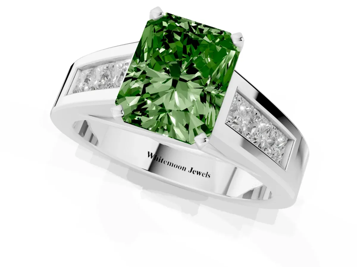 Fancy Green Radiant Cut Cut Channel Set Solitaire Ring with Four-Prong Setting Silver