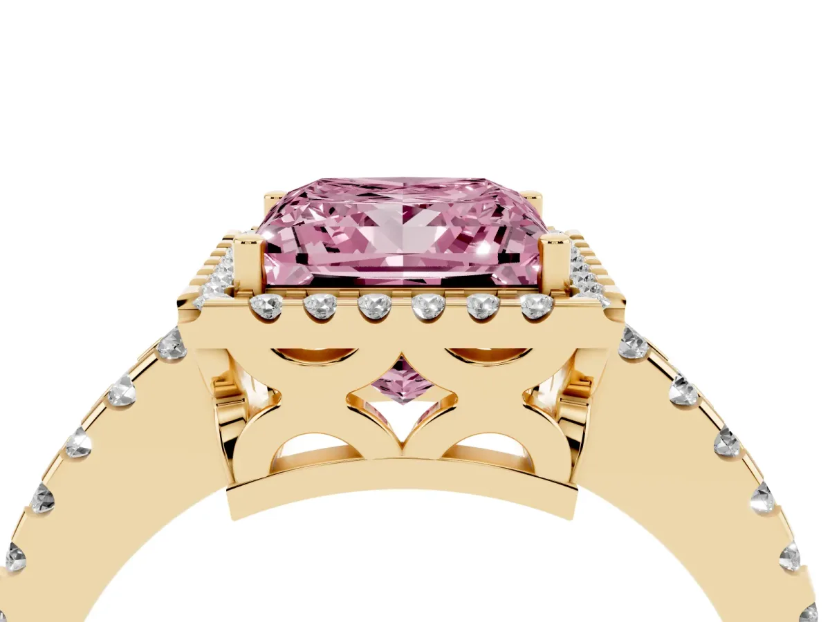 Fancy Pink Princess Cut Diamond Halo Engagement Ring with Pavé Band and Prong Setting Yellow gold