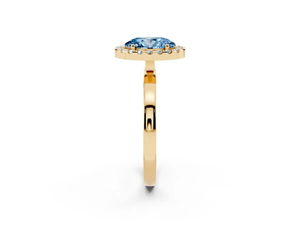 Fancy Blue Oval Cut Halo Diamond Solitaire with Pavé Band and Four-Prong Setting Yellow gold