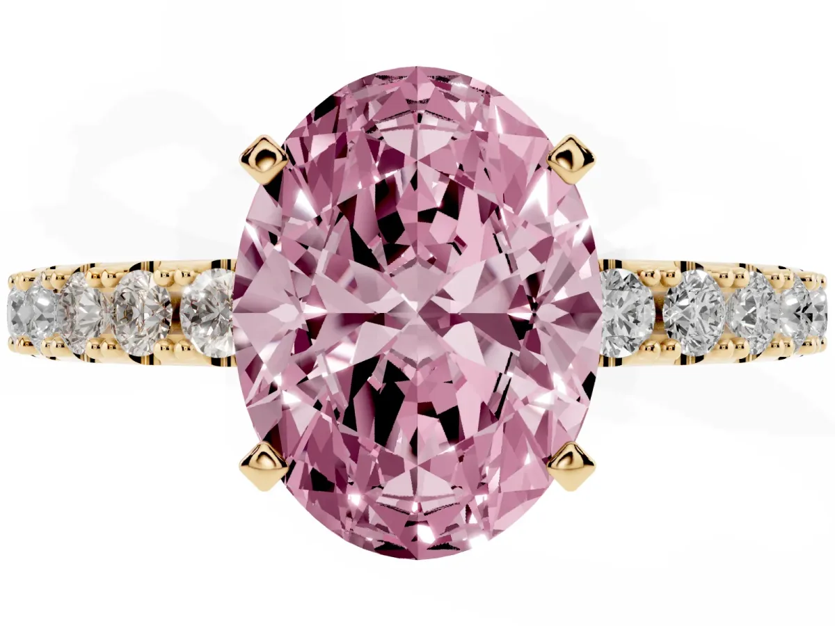 Fancy Pink Oval Cut Diamond Solitaire Pavé Band with Four-Prong Setting Yellow gold