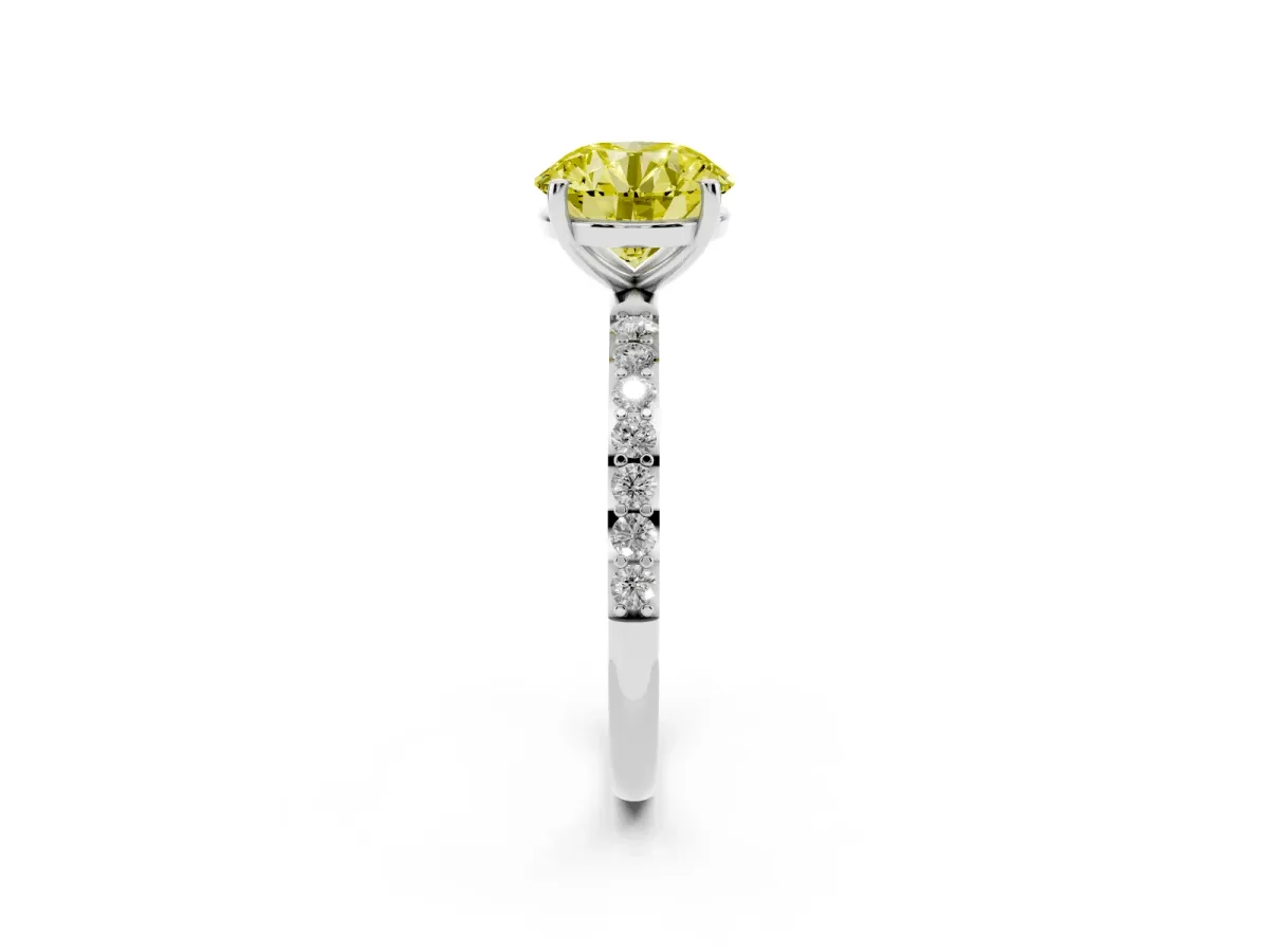 Fancy Yellow Round Cut Diamond Solitaire Ring with Round Pavé Shoulders and Prong Setting Silver