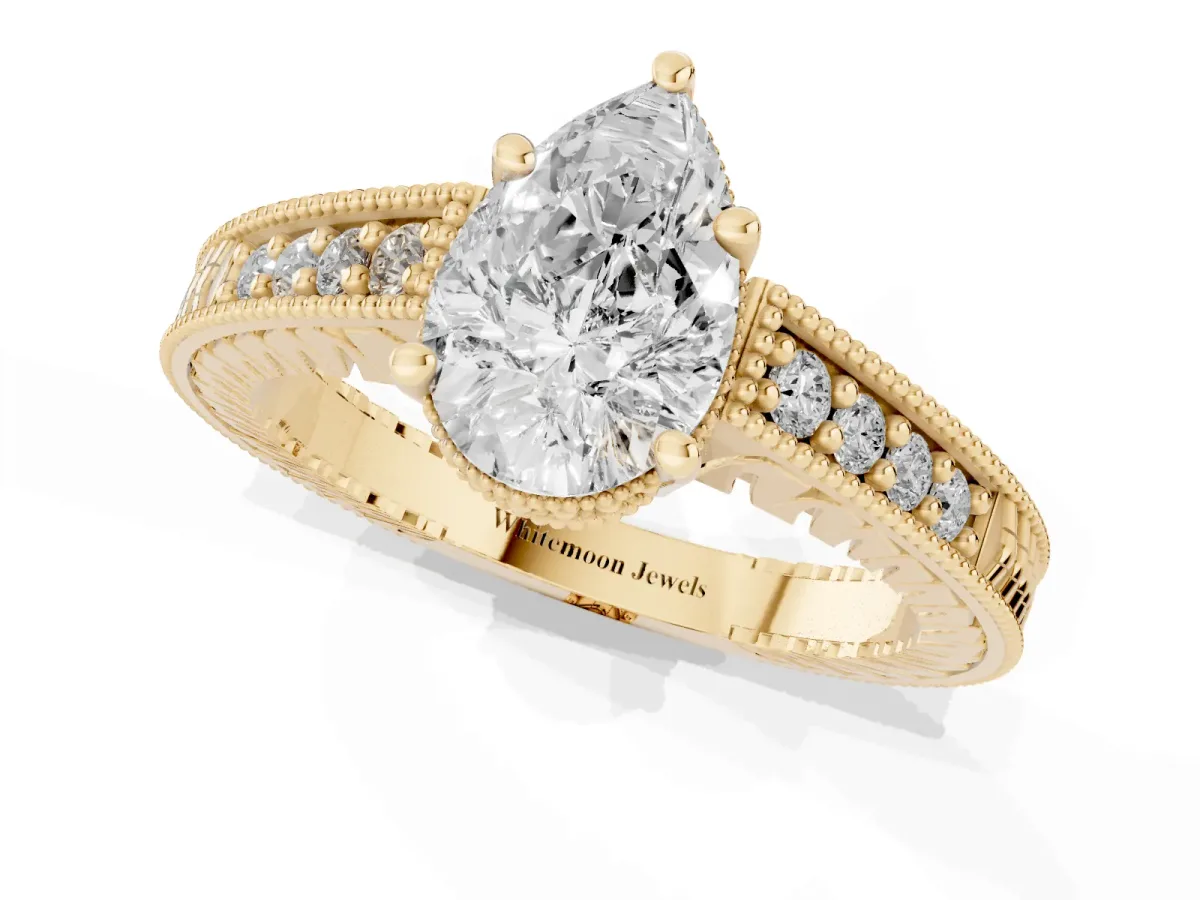 Pear Cut Solitaire Pavé Diamond Milgrain Engagement Ring with Four-Prong Setting Yellow gold