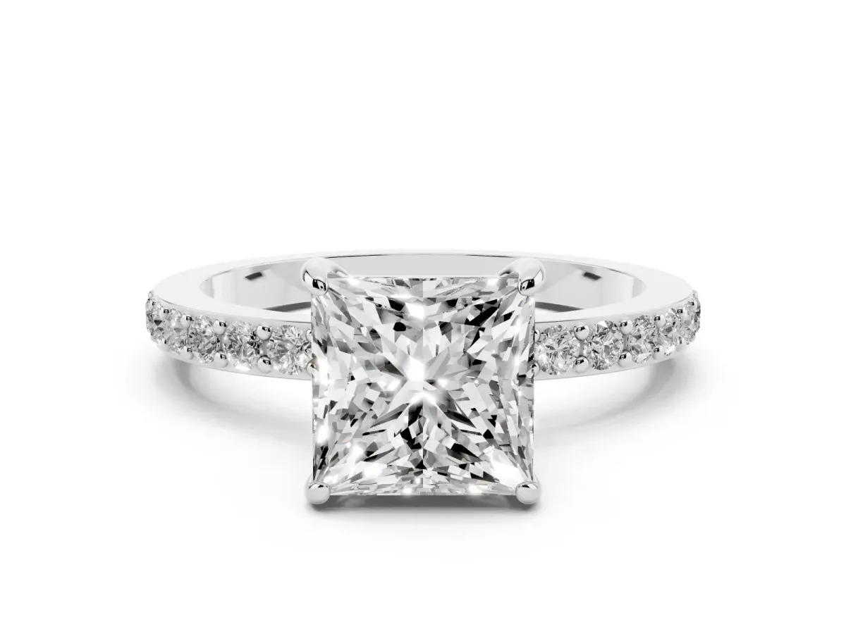 Princess Cut Diamond Solitaire Engagement Ring with Pavé Band and Four-Prong Setting Platinum
