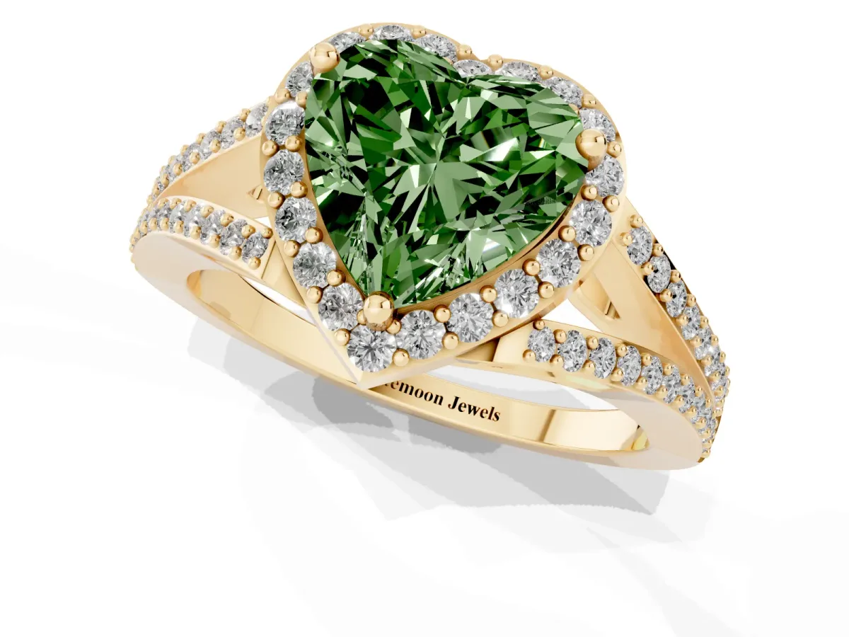 Fancy Green Heart Cut Halo Split Shank Pave Diamond Ring with Four-Prong Setting Yellow gold