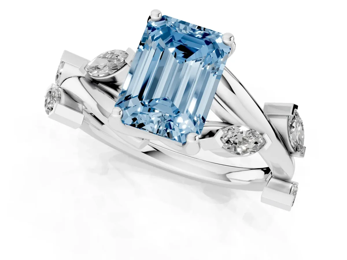 Fancy Blue Emerald Cut Solitaire Twisted Band Marquise Accent Prong Setting Ring Platinum