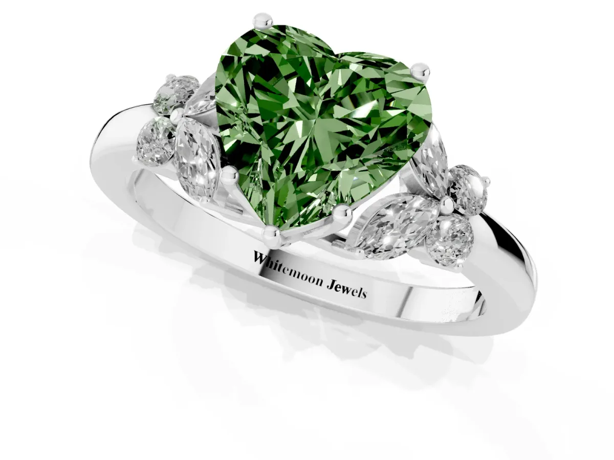 Fancy Green Heart Cut Cut Solitaire Floral Diamond Ring with Four-Prong Setting Silver