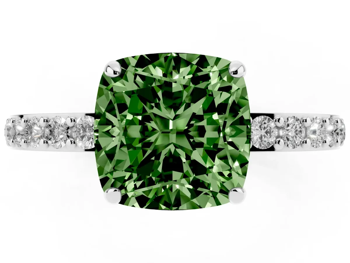 Fancy Green Cushion Cut Diamond Pavé Engagement Ring with Round Accents and Prong Setting Silver