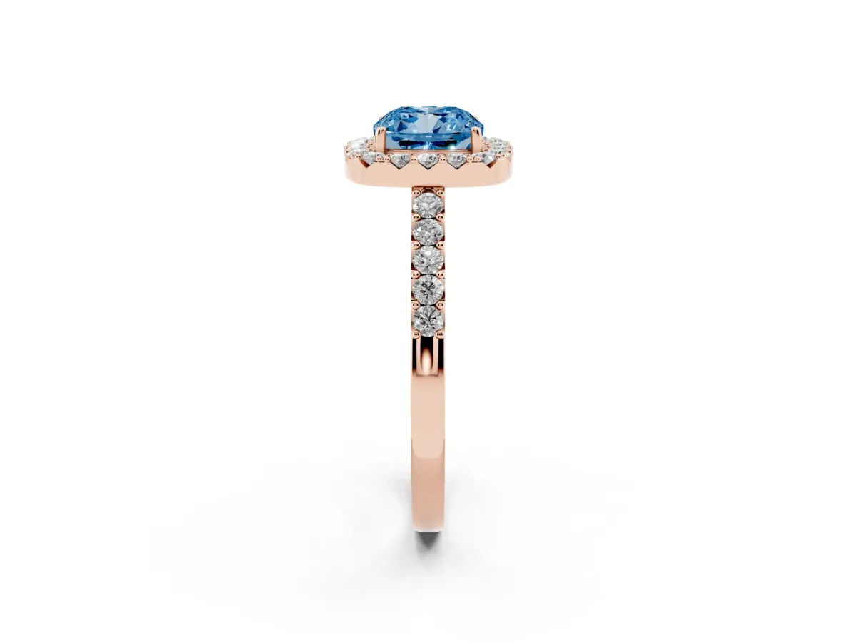 Fancy Blue Cushion Cut Halo Diamond Pavé Solitaire Ring Rose gold