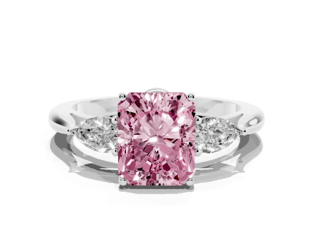 Fancy Pink Radiant Cut Diamond Three-Stone Ring with Pear Side Stones and Prong Setting Silver