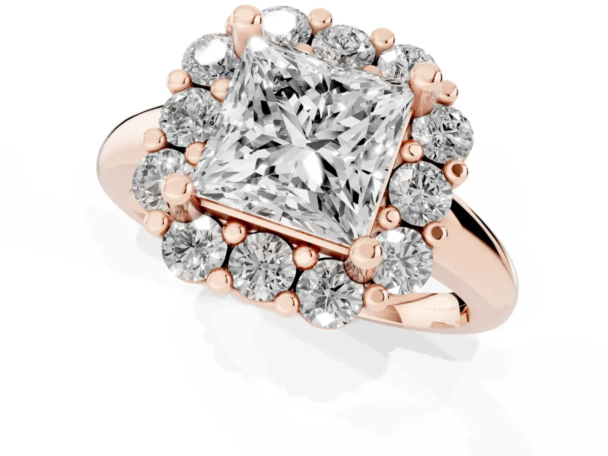Princess Cut Halo Cluster Diamond Engagement Ring with Prong Setting and Polished Band Rose gold