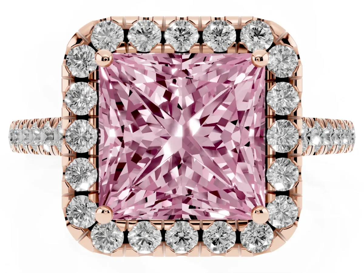 Fancy Pink Princess Cut Halo Pavé Diamond Engagement Ring with Four-Prong Setting Rose gold