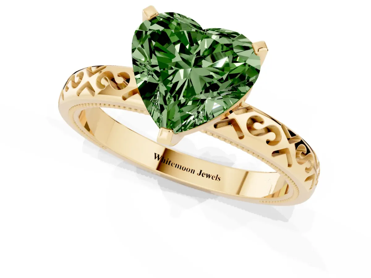 Fancy Green Heart Cut Solitaire Engagement Ring with Scrollwork Band and Four-Prong Setting Yellow gold