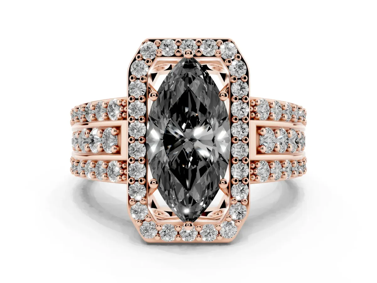 Fancy Black Marquise Cut Halo Diamond Ring with Round Split Shank and Prong Setting Rose gold