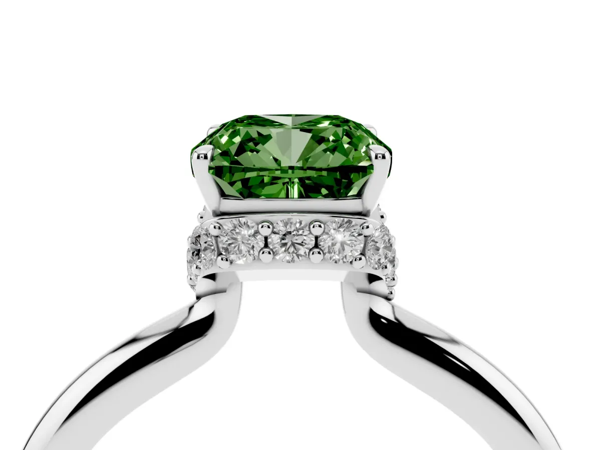 Fancy Green Cushion Cut Brilliant Solitaire Engagement Ring with Six-Prong Setting and Classic Band Silver