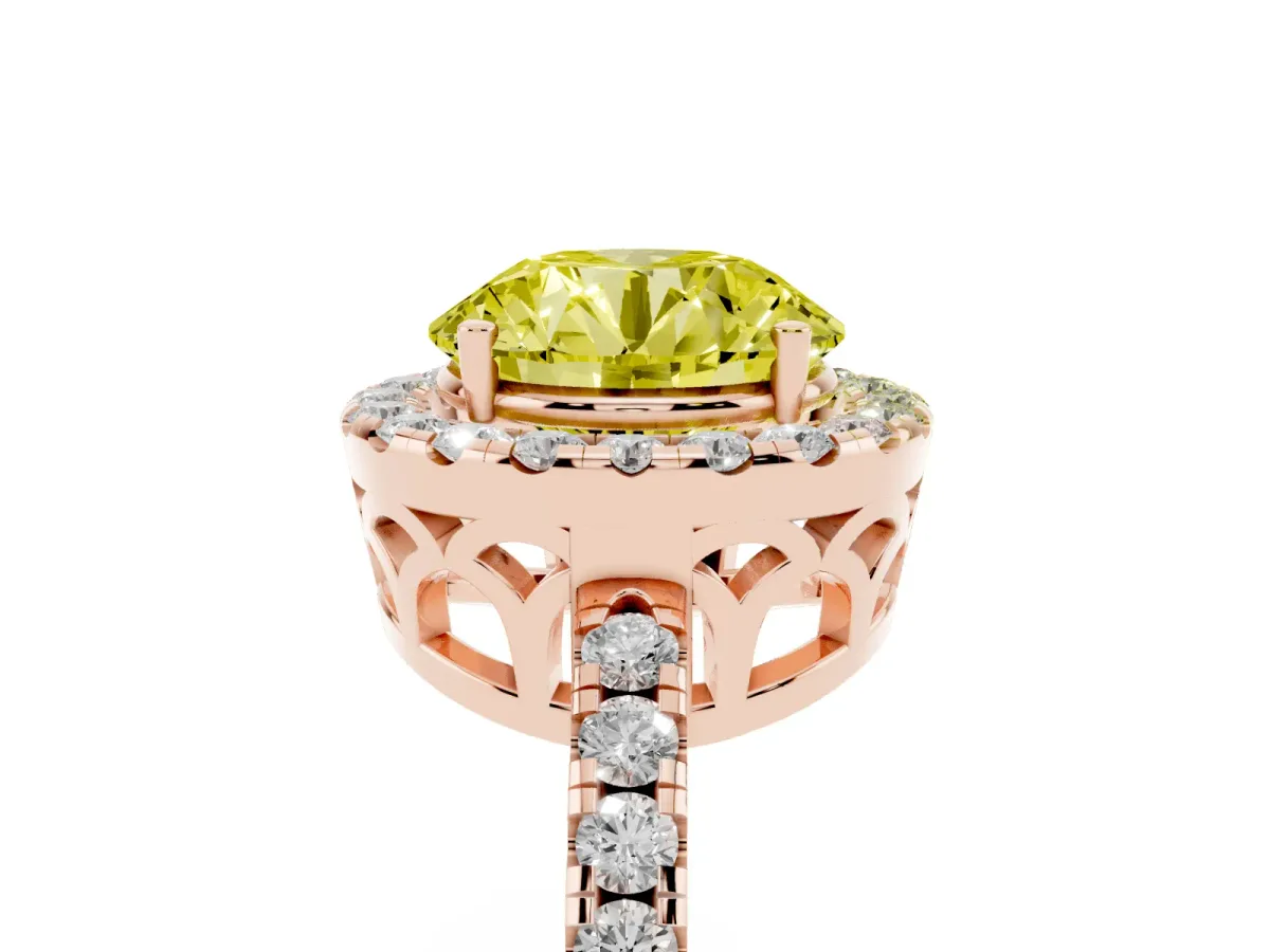 Fancy Yellow Round Cut Halo Diamond Engagement Ring with Pavé Band and Four-Prong Setting Rose gold
