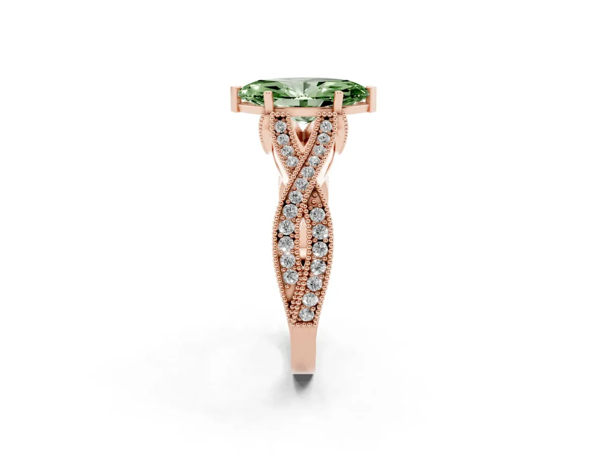 Fancy Green Marquise Cut Cut Diamond Twisted Band with Milgrain Pave Setting and Four-Prong Setting Rose gold