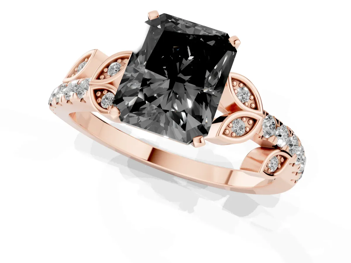 Fancy Black Radiant Cut Solitaire Leaf-Inspired Diamond Ring with Pavé Band and Four-Prong Setting Rose gold