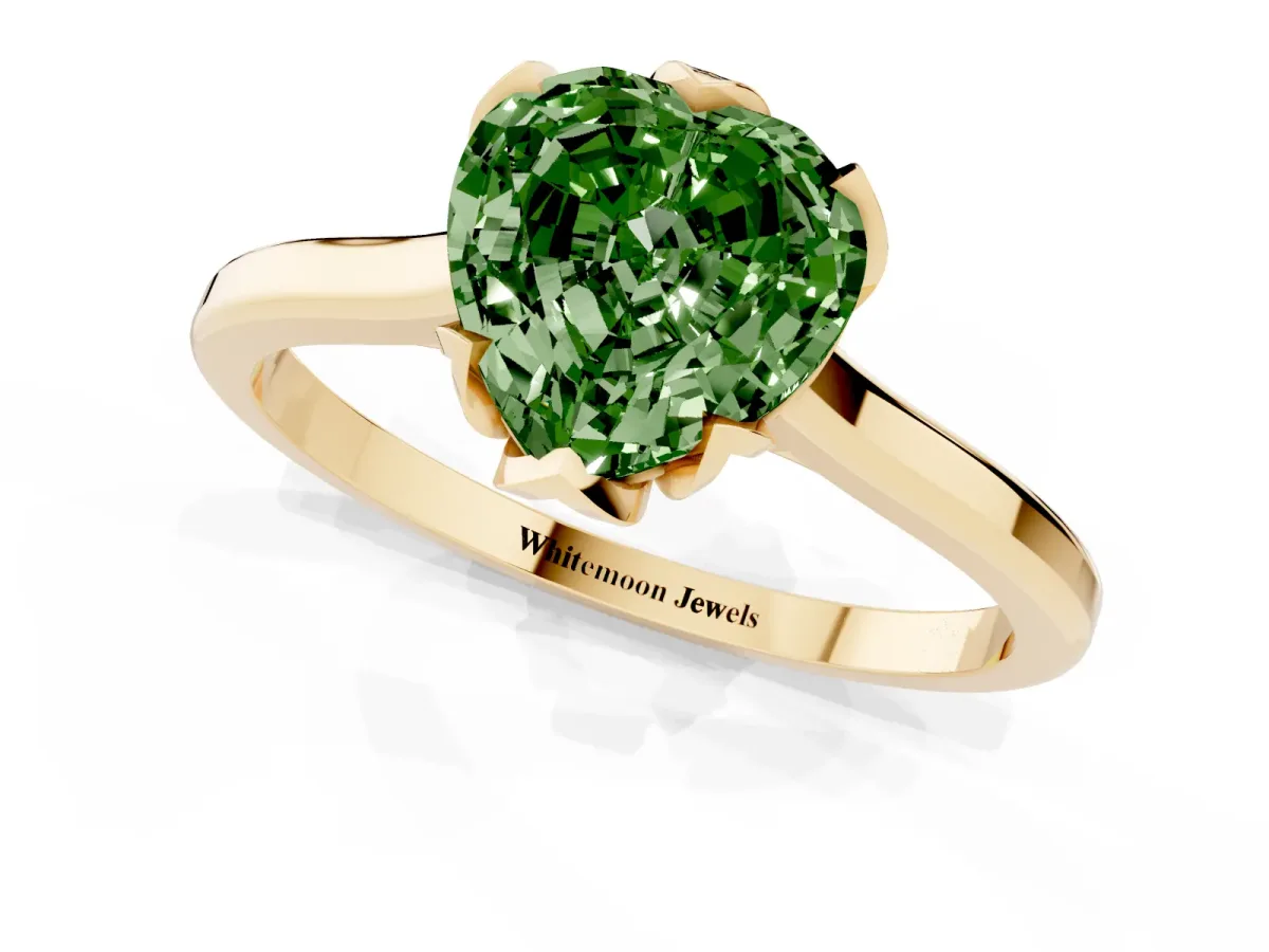 Fancy Green Heart Cut Diamond Solitaire Ring with Flower Prong Setting and Classic Band Yellow gold