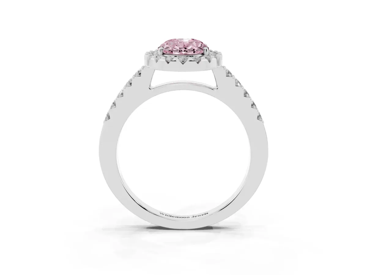 Fancy Pink Oval Cut Halo Diamond Pavé Solitaire Ring Silver