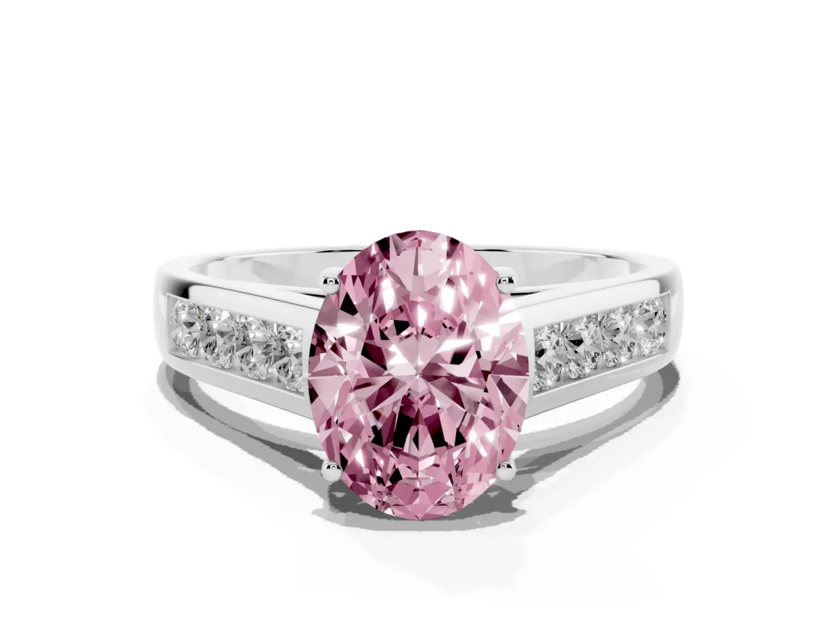 Fancy Pink Oval Cut Solitaire Channel-Set Diamond Engagement Ring with Four-Prong Setting Silver