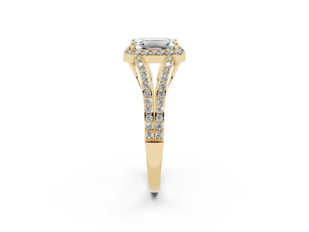 Emerald Cut Halo Split Shank Diamond Ring with Prong Setting Yellow gold