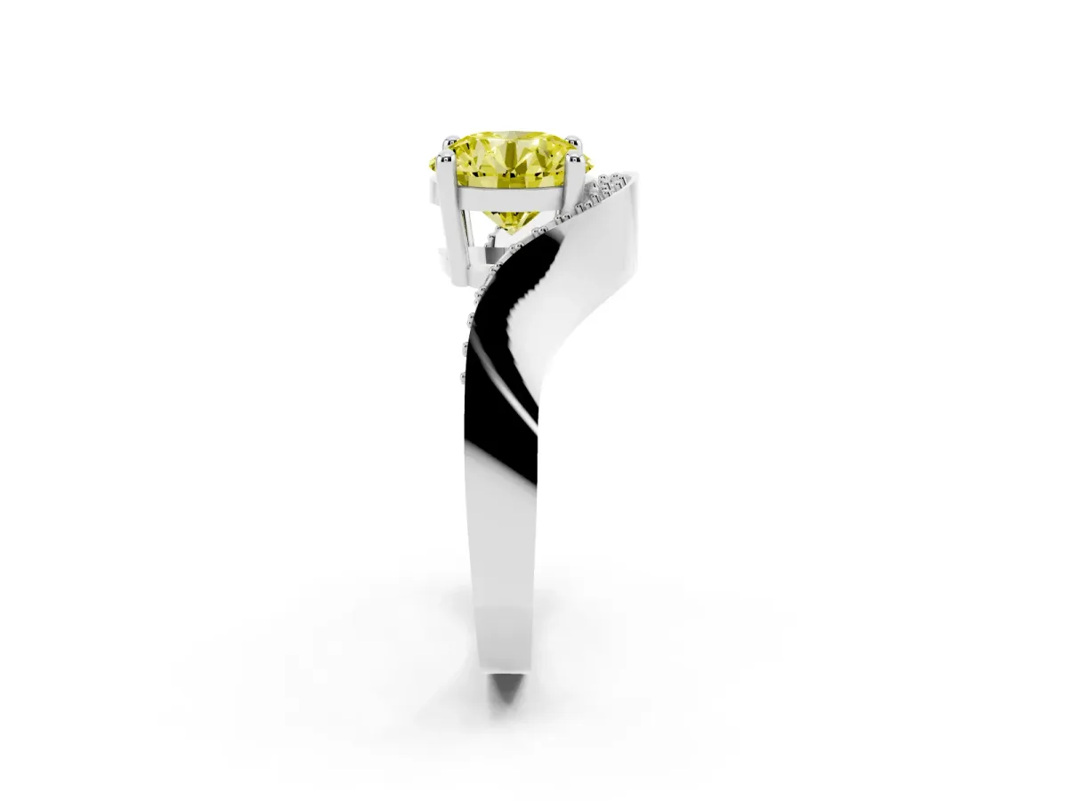 Fancy Yellow Round Cut Solitaire Diamond Engagement Ring with Pave Band and Four-Prong Setting Silver