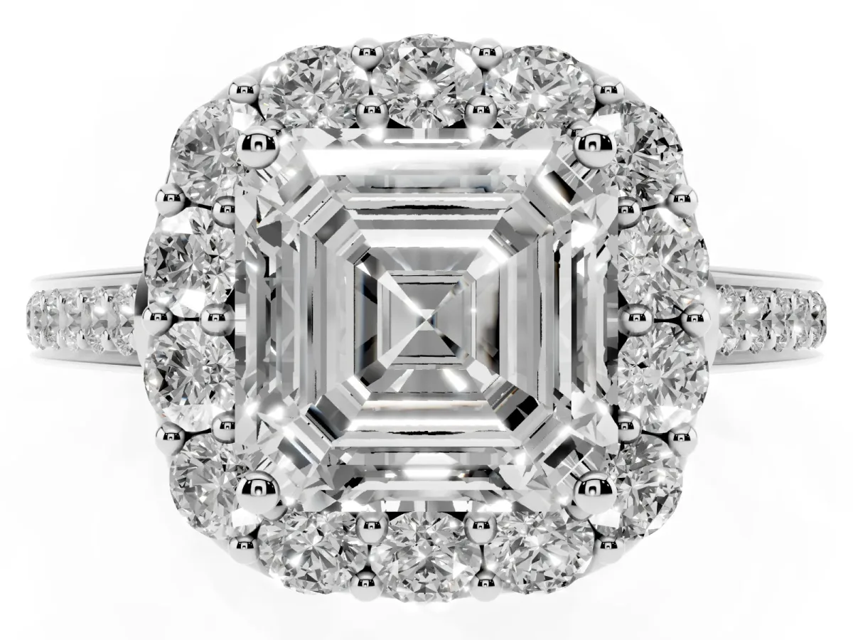 Asscher Cut Diamond Floral Halo Ring with Pavé Band and Prong Setting Platinum
