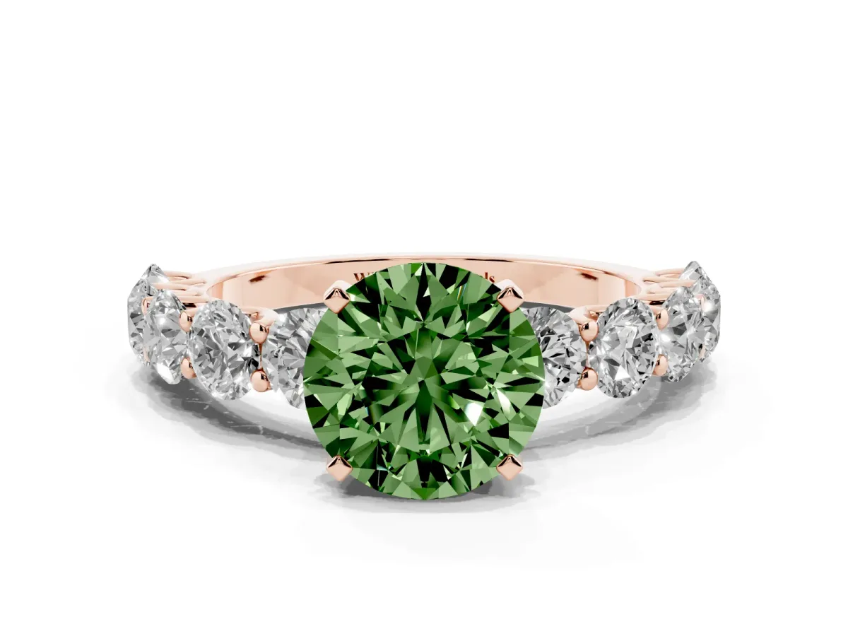 Fancy Green Round Cut Diamond Prong Setting with Side Stones on a Pave Band Rose gold