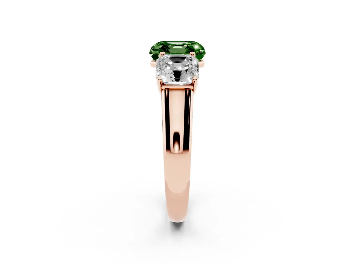 Fancy Green Asscher Cut Three-Stone Diamond Ring with Prong Setting on a Classic Band Rose gold