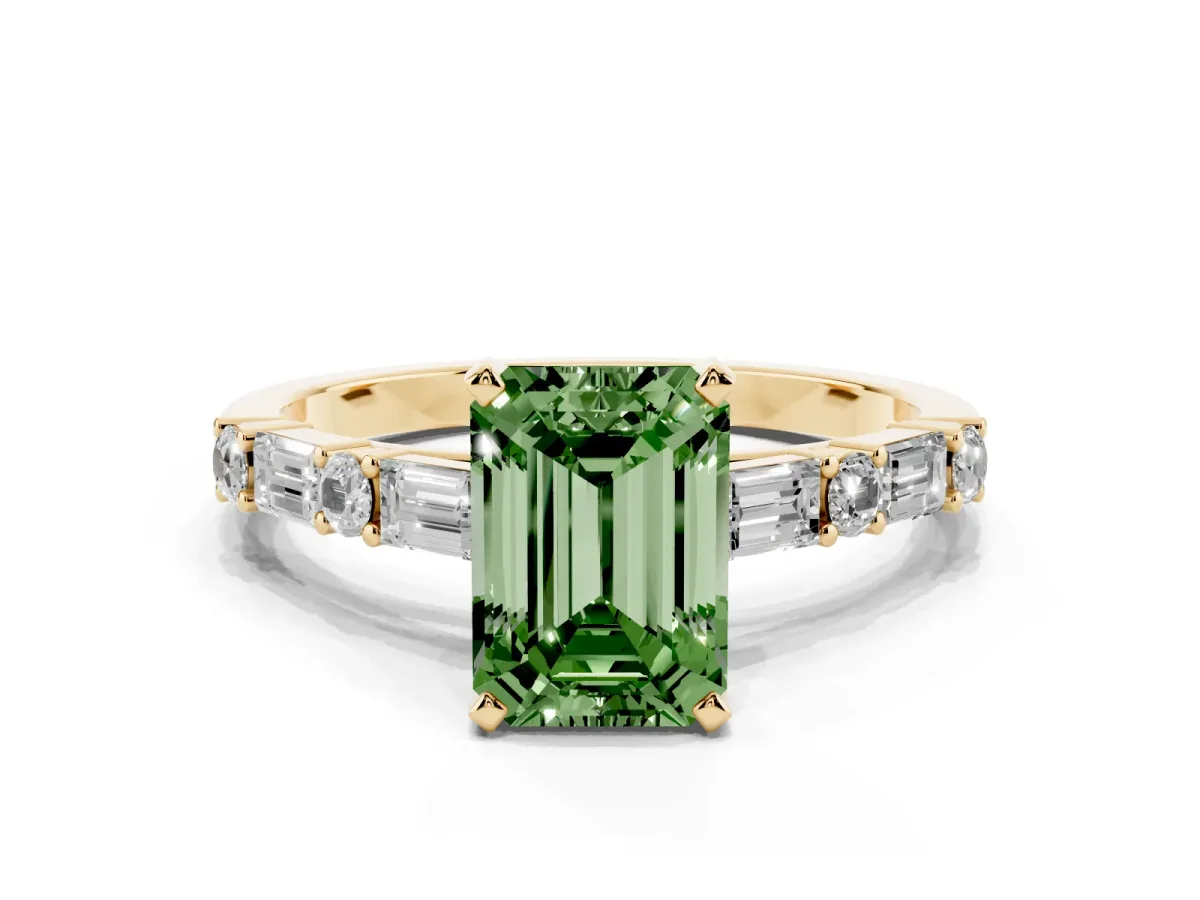 Fancy Green Emerald Cut Diamond Solitaire with Side Baguettes and Channel Set Band Yellow gold