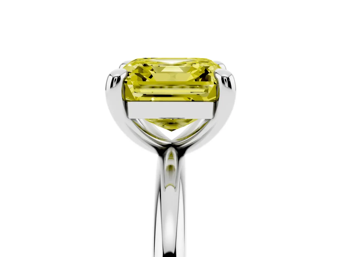Fancy Yellow Asscher Cut Solitaire Diamond Ring with Four-Prong Setting on a Plain Band Platinum