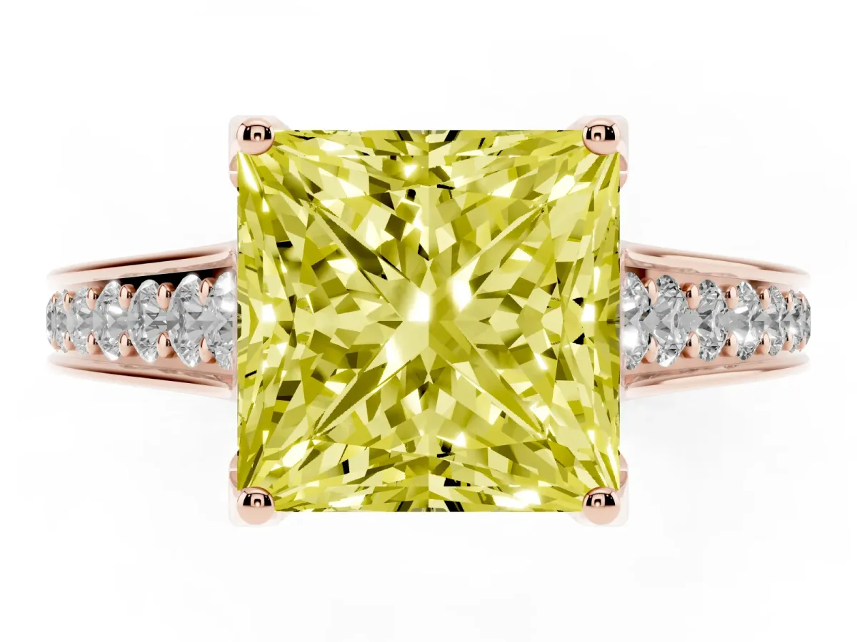 Fancy Yellow Princess Cut Brilliant Cut Diamond Engagement Ring with Pavé Band and Four-Prong Setting Rose gold