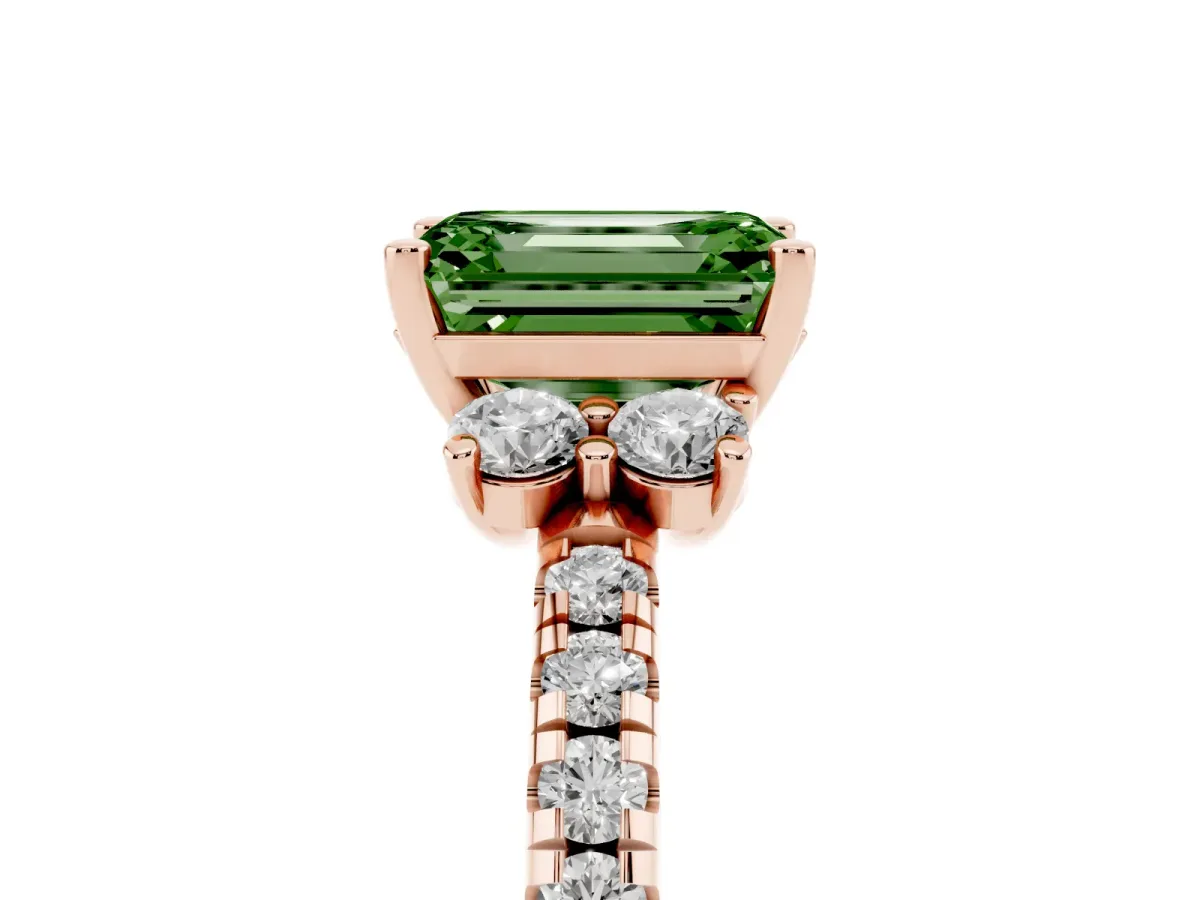 Fancy Green Emerald Cut Diamond Three-Stone Pave Band with Four-Prong Setting Rose gold