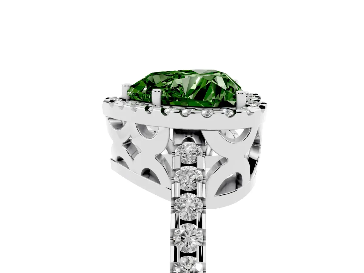 Fancy Green Heart Cut Diamond Halo Engagement Ring with Pavé Band and Prong Setting White gold