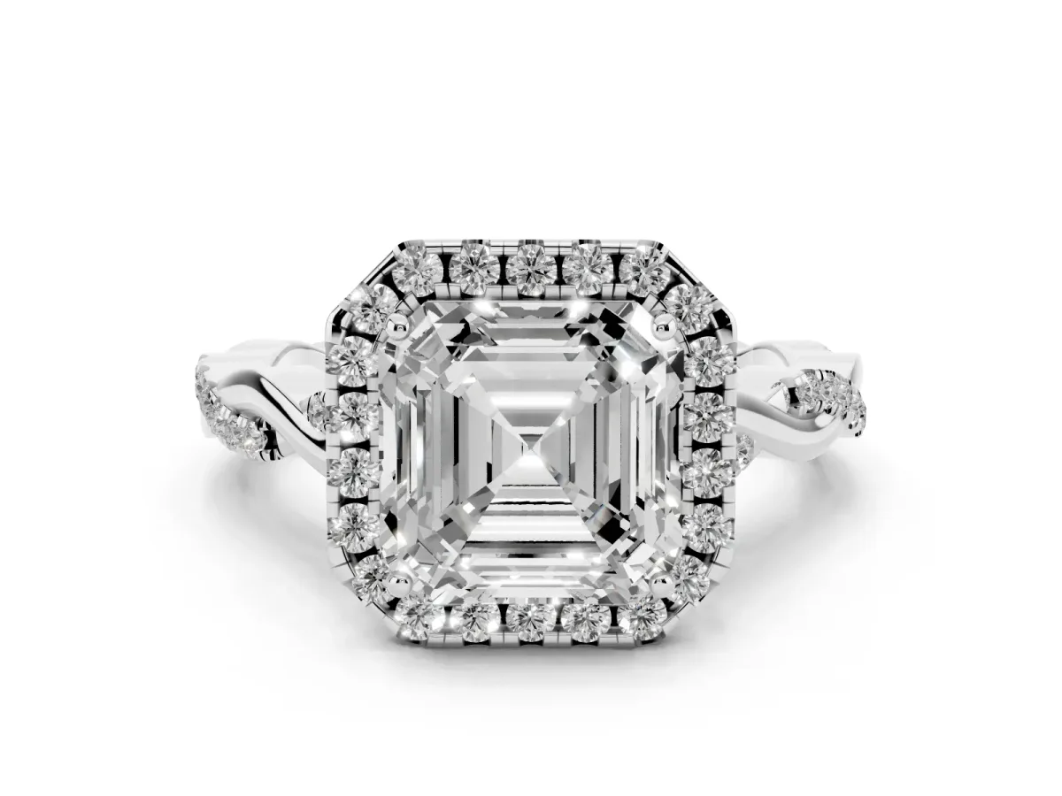 Asscher Cut Halo Twist Band Solitaire Ring Silver
