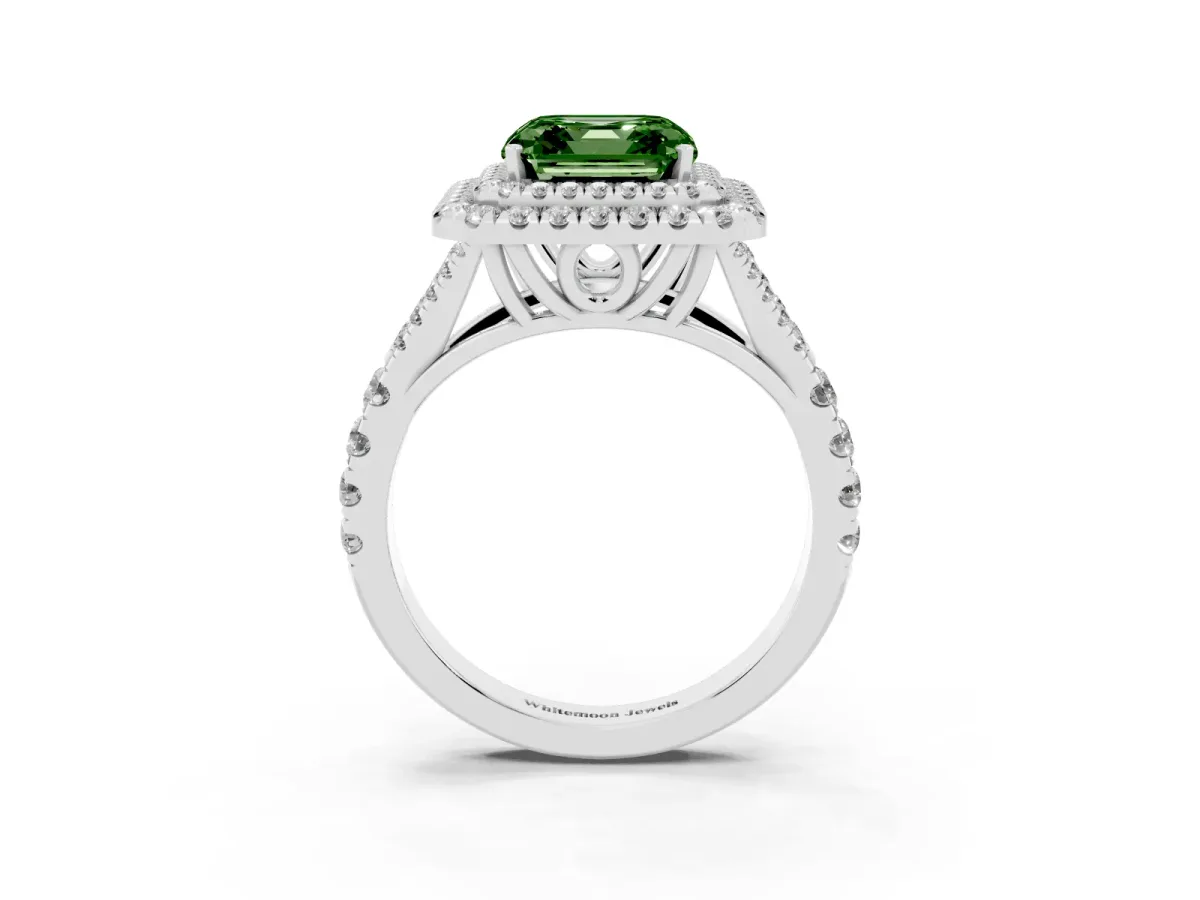 Fancy Green Asscher Cut Cut Double Halo Split Shank Diamond Ring with Prong Setting Silver