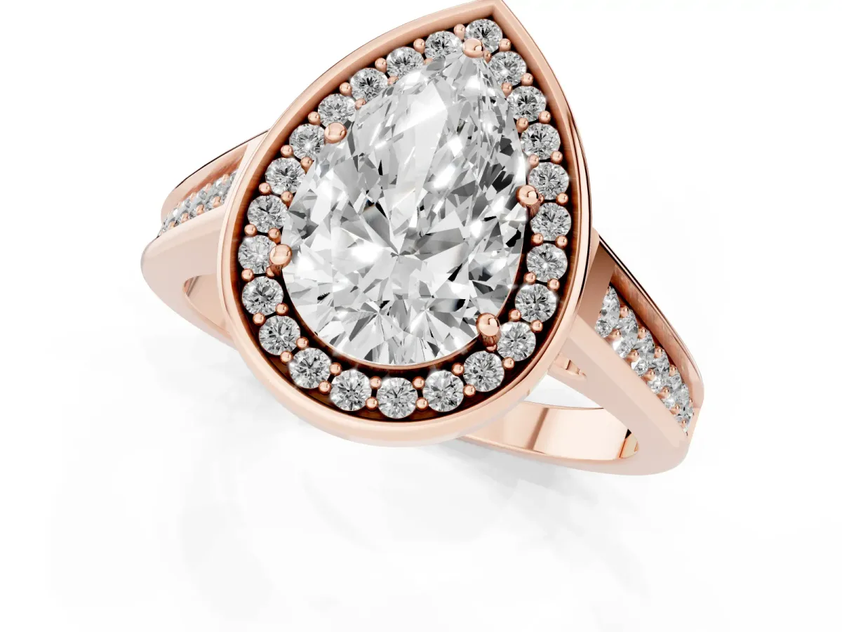 Pear Cut Halo Solitaire Diamond Ring with Pave Band and Bezel Setting Rose gold