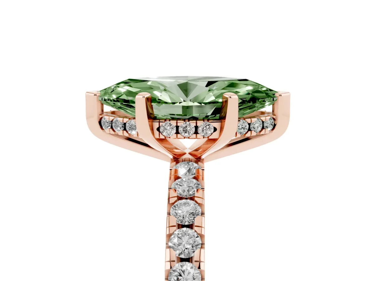 Fancy Green Marquise Cut Diamond Solitaire Ring with Round Pavé Band and Four-Prong Setting Rose gold