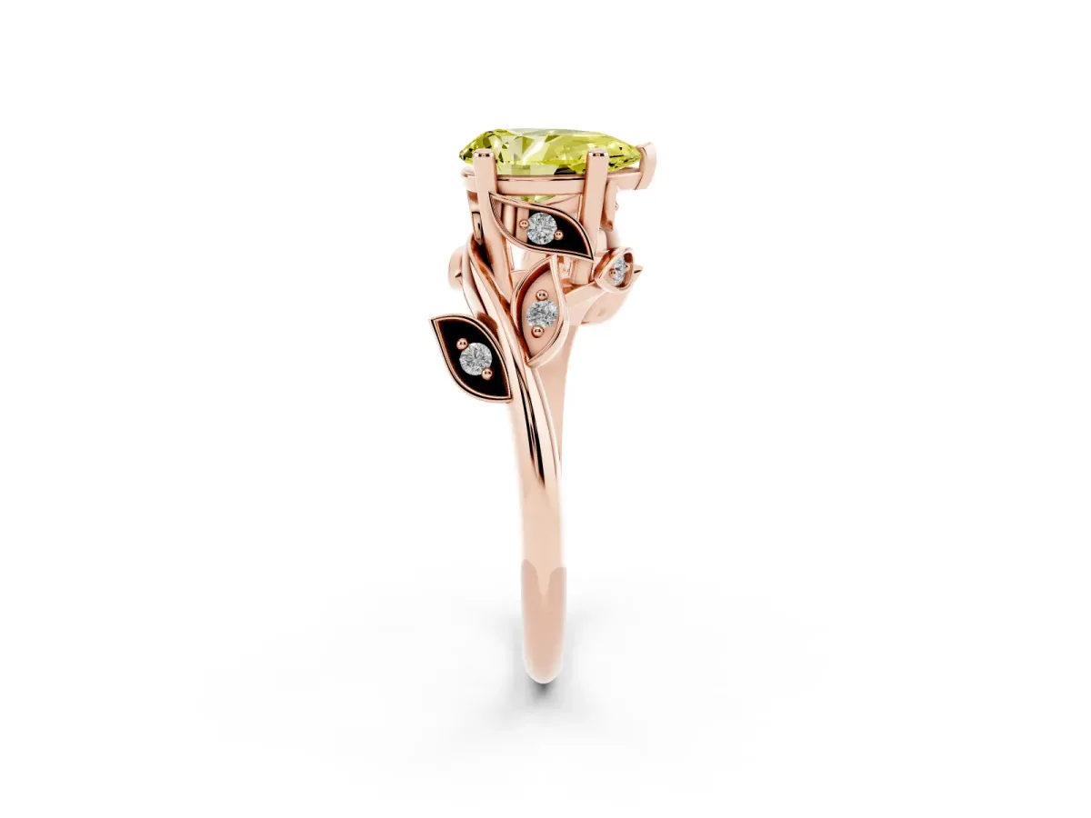 Fancy Yellow Pear Cut Solitaire Twist Engagement Ring with Leaf Accents and Prong Setting Rose gold