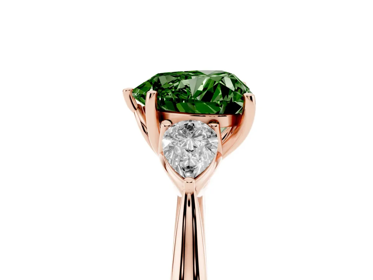 Fancy Green Heart Cut Diamond Three-Stone Ring with Pear Side Stones and Prong Setting Rose gold