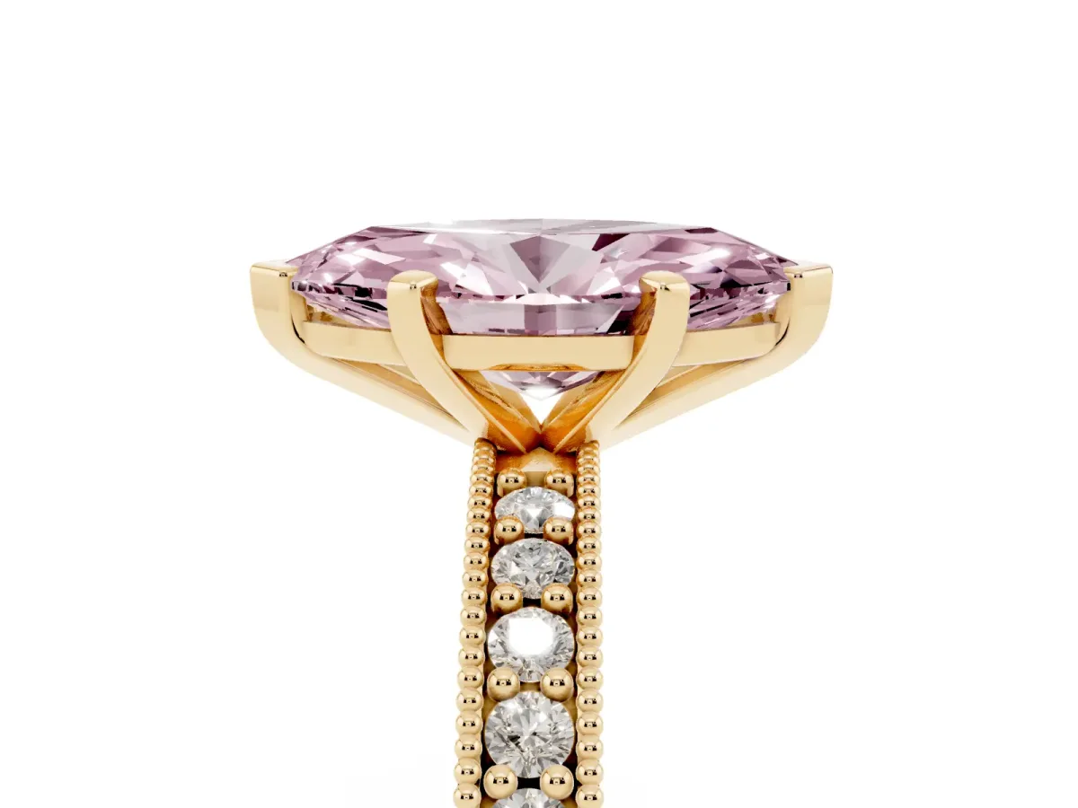 Fancy Pink Marquise Cut Diamond Milgrain Pavé Engagement Ring with Four-Prong Setting Yellow gold