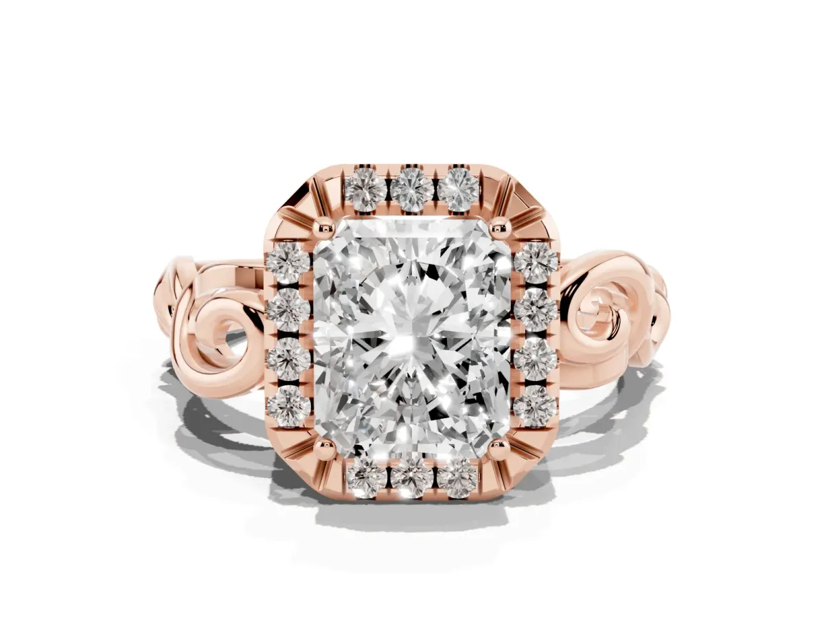 Radiant Cut Cut Halo Diamond Ring with Scrollwork Band and Four-Prong Setting Rose gold