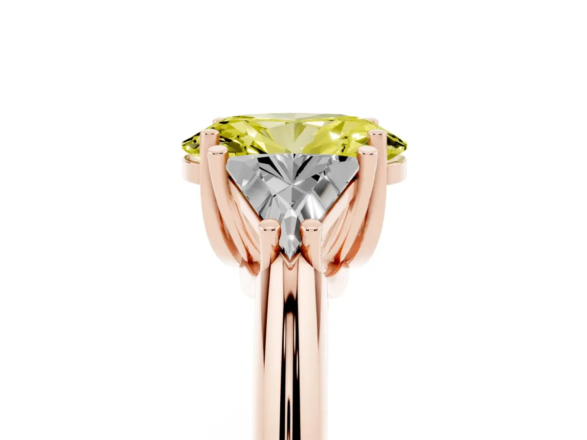 Fancy Yellow Three-Stone Oval Cut Diamond Engagement Ring with Trillion Side Stones and Prong Setting Rose gold